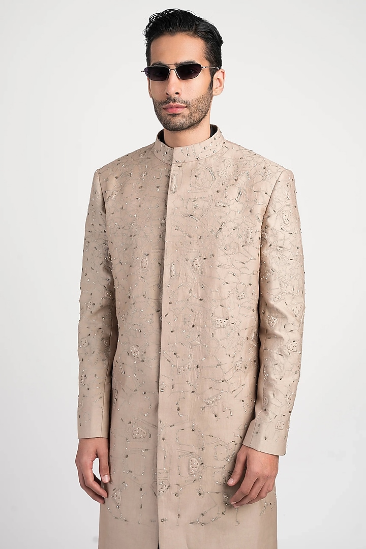Hemp-Colored Silk Blend Long Jacket by Antar Agni Men at Pernia's Pop Up Shop