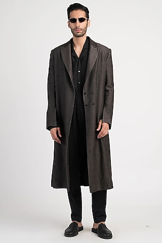 Grey Silk Trench Coat by Antar Agni Men