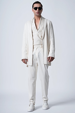 Ivory Muga Silk Jacket Set by Antar Agni Men