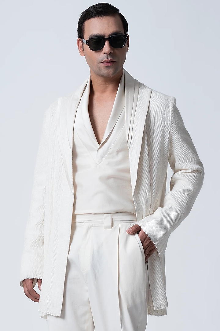 Ivory Muga Silk & Silk Jacket by Antar Agni Men at Pernia's Pop Up Shop