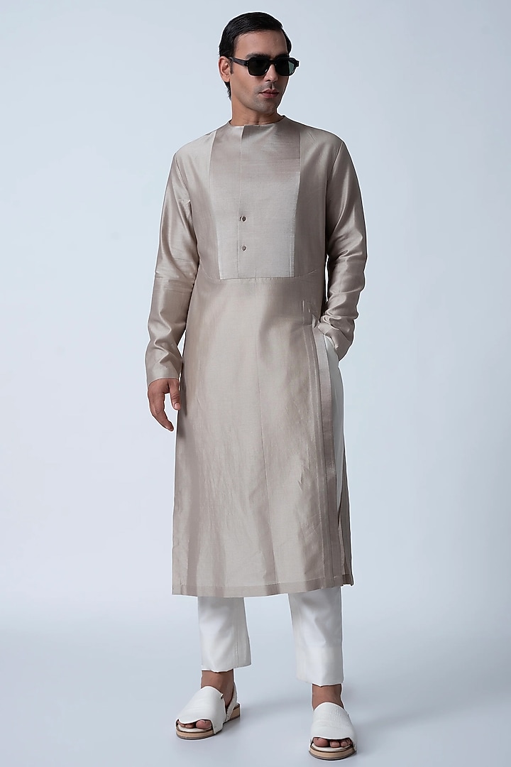 Hemp-Colored Muga Silk & Cotton Silk Kurta by Antar Agni Men at Pernia's Pop Up Shop