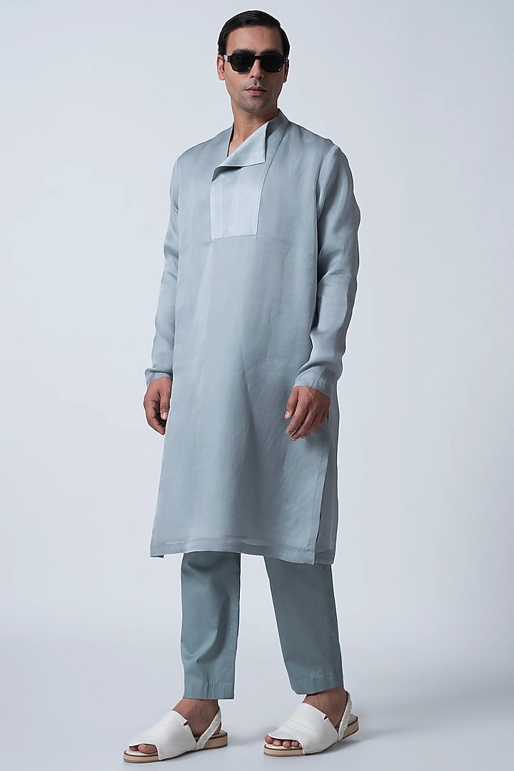Light Blue Muga Silk & Organza Kurta by Antar Agni Men at Pernia's Pop Up Shop