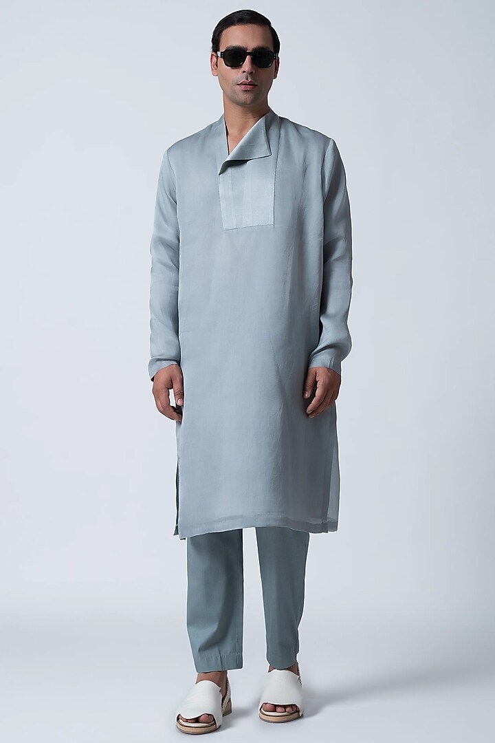 Light Blue Muga Silk & Organza Kurta by Antar Agni Men at Pernia's Pop Up Shop