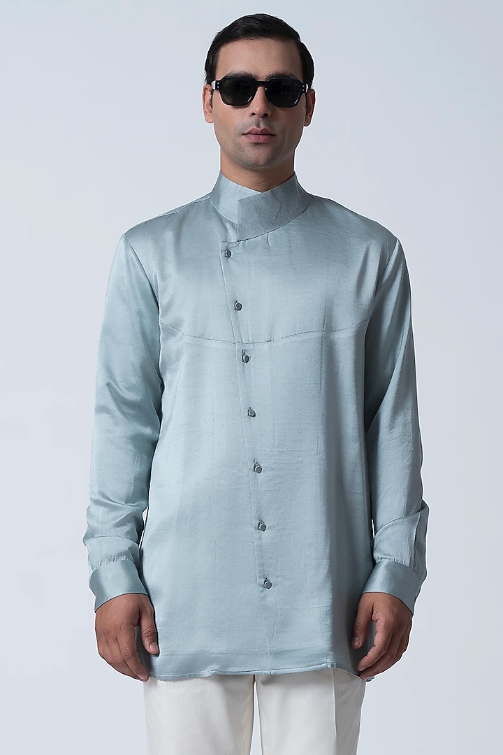 Light Blue Muga Silk Wedding Shirt by Antar Agni Men at Pernia's Pop Up Shop