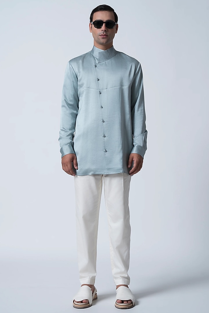 Light Blue Muga Silk Wedding Shirt by Antar Agni Men at Pernia's Pop Up Shop