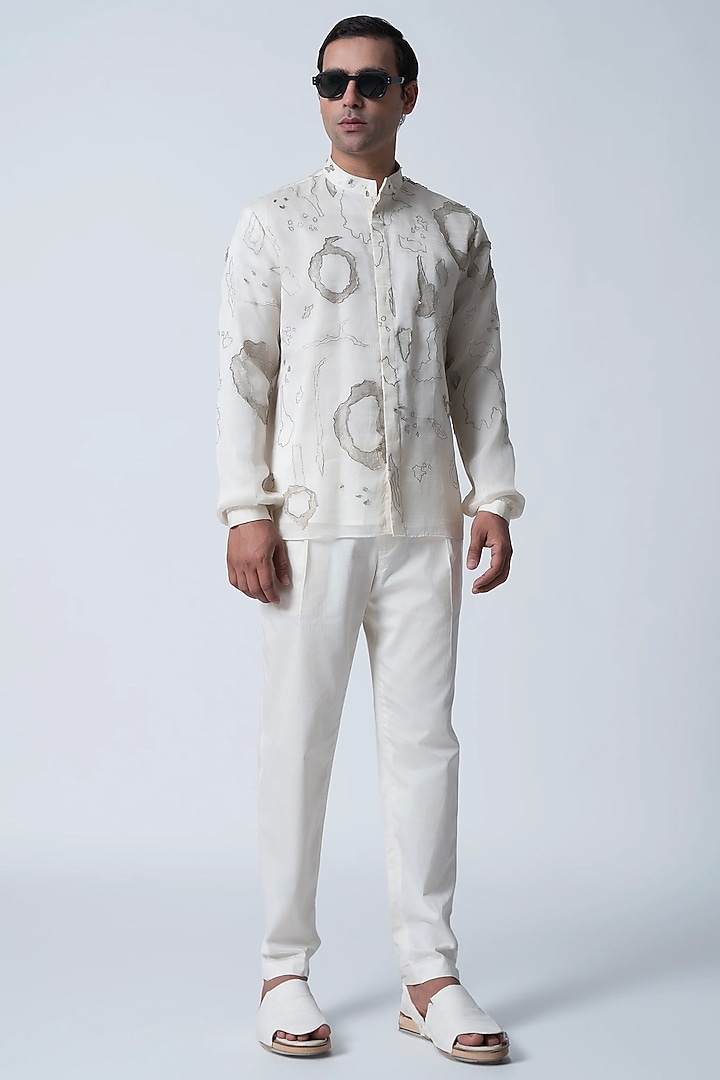 Ivory Cotton Silk & Tissue Embroidered Wedding Shirt by Antar Agni Men at Pernia's Pop Up Shop