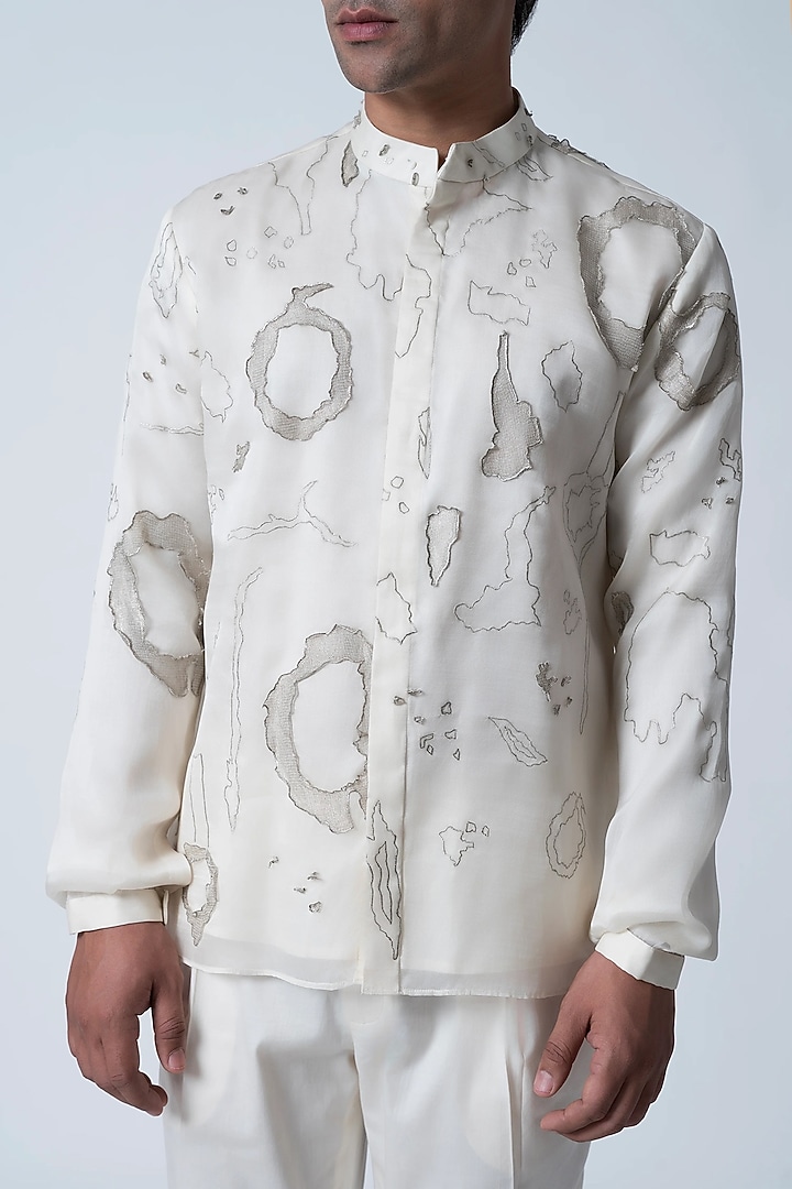 Ivory Cotton Silk & Tissue Embroidered Wedding Shirt by Antar Agni Men at Pernia's Pop Up Shop