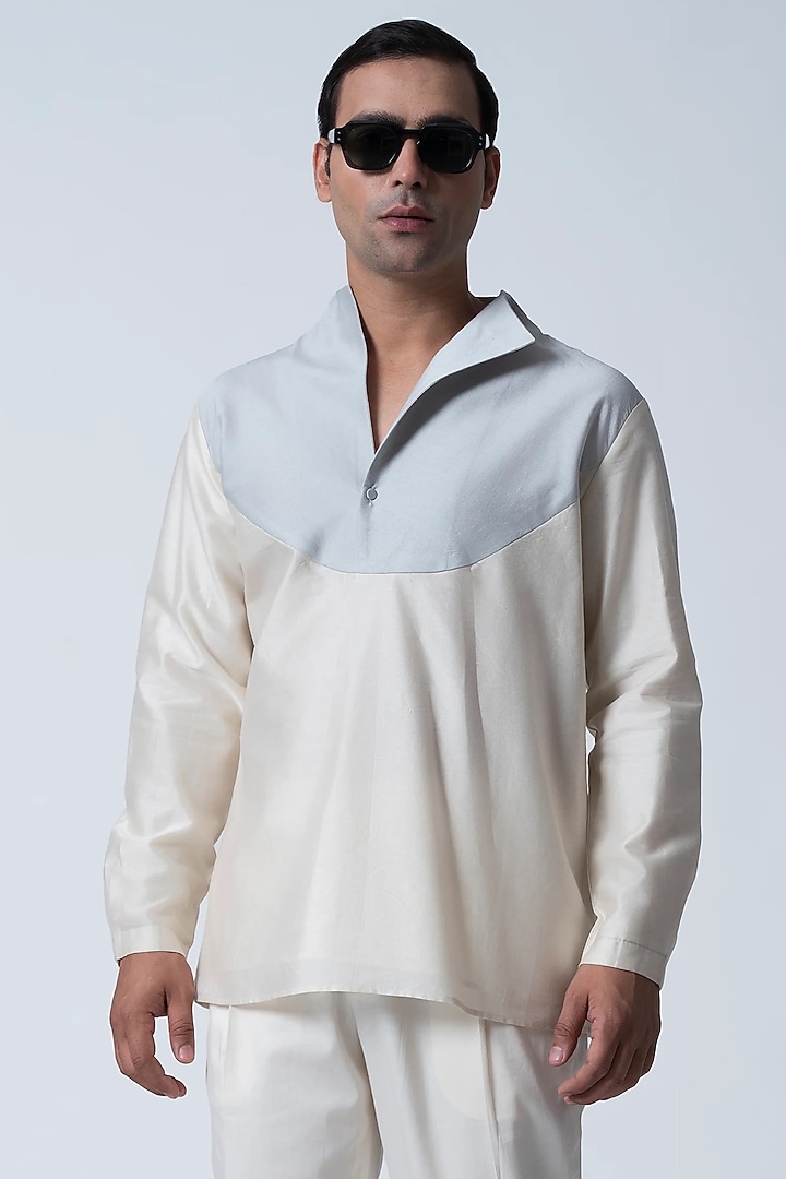 Ivory & Ice Blue Cotton Silk Top by Antar Agni Men at Pernia's Pop Up Shop