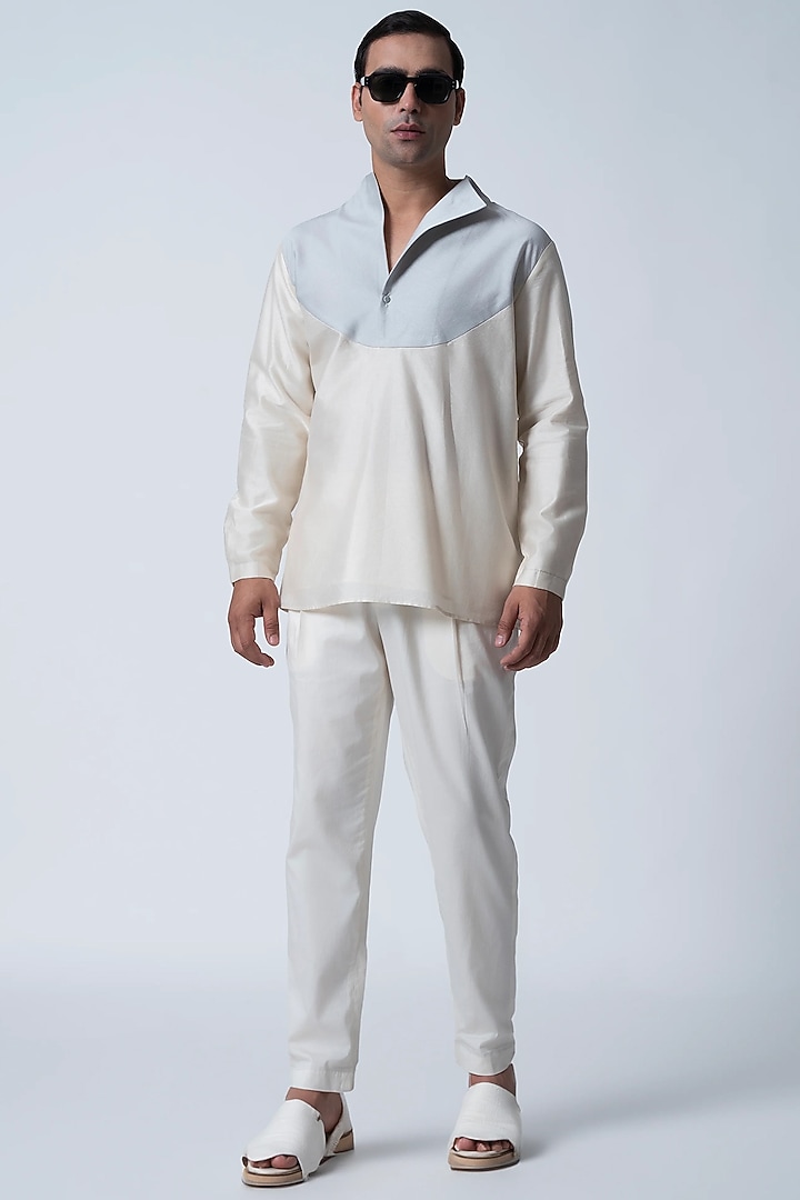 Ivory & Ice Blue Cotton Silk Top by Antar Agni Men at Pernia's Pop Up Shop