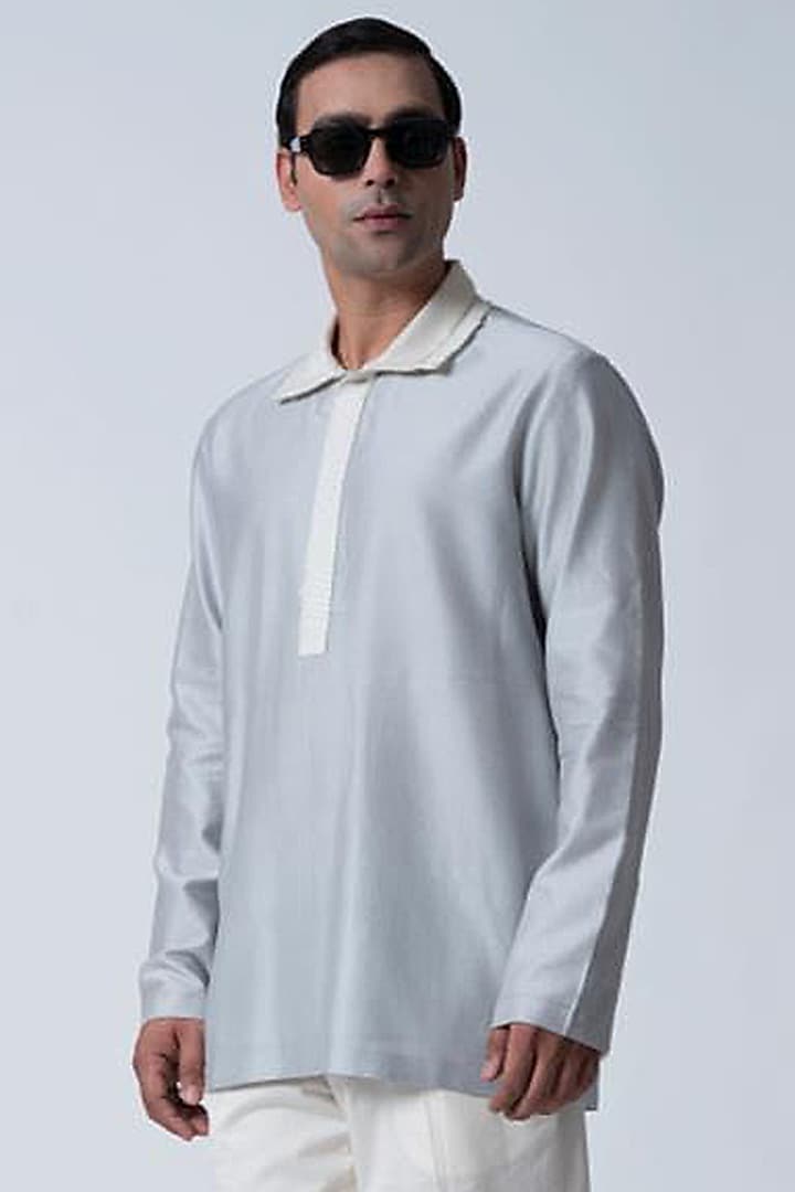 Ice Blue Cotton Silk Top by Antar Agni Men at Pernia's Pop Up Shop