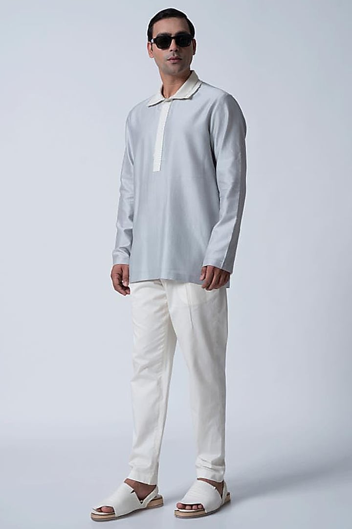 Ice Blue Cotton Silk Top by Antar Agni Men at Pernia's Pop Up Shop