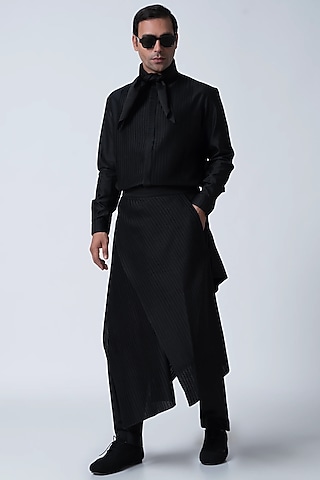 Black Cotton Silk Co-Ord Set by Antar Agni Men
