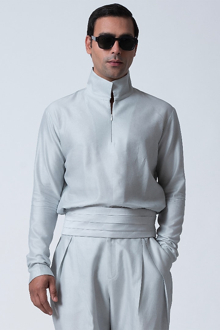 Ice Blue Silk Satin Top by Antar Agni Men at Pernia's Pop Up Shop