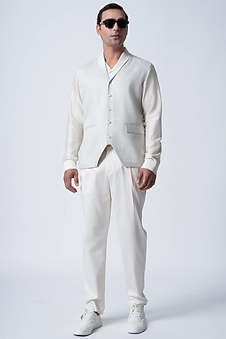 Ice Blue Silk Waistcoat by Antar Agni Men