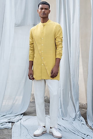 Yellow Band Collar Shirt by Antar Agni Men