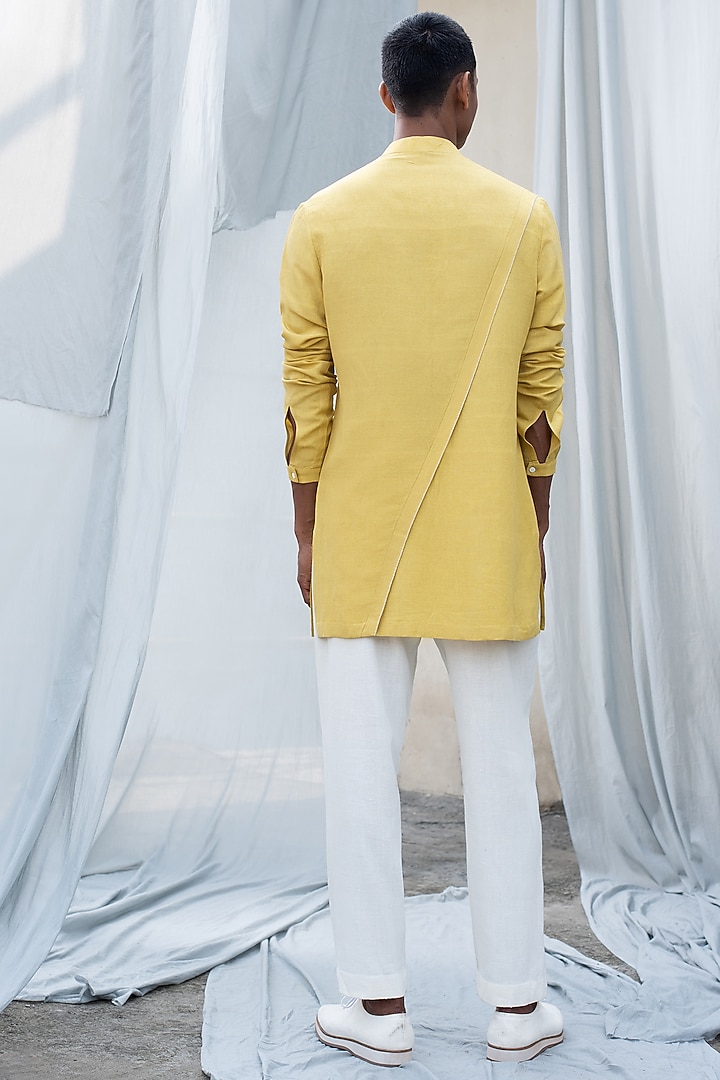 Yellow Band Collar Wedding Shirt by Antar Agni Men at Pernia's Pop Up Shop