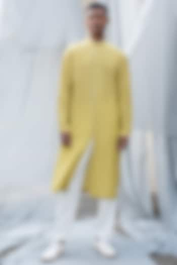 Yellow Cotton Silk Kurta by Antar Agni Men