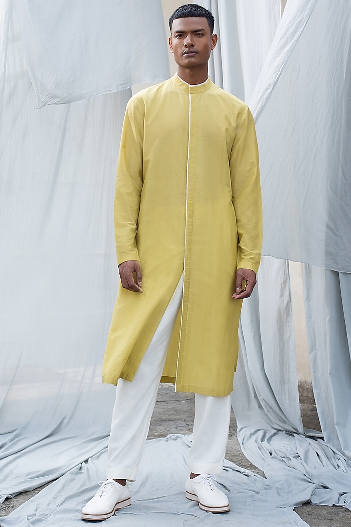 Yellow Cotton Silk Kurta by Antar Agni Men