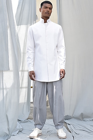 Grey Cotton Pleated Trousers by Antar Agni Men