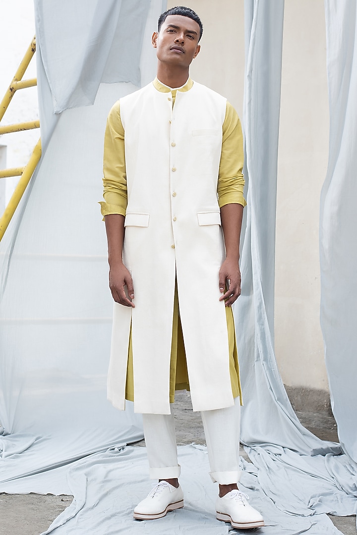 White Sleeveless Linen Waistcoat by Antar Agni Men at Pernia's Pop Up Shop