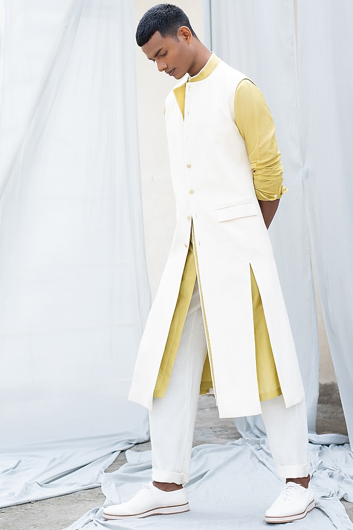 White Sleeveless Linen Waistcoat by Antar Agni Men at Pernia's Pop Up Shop