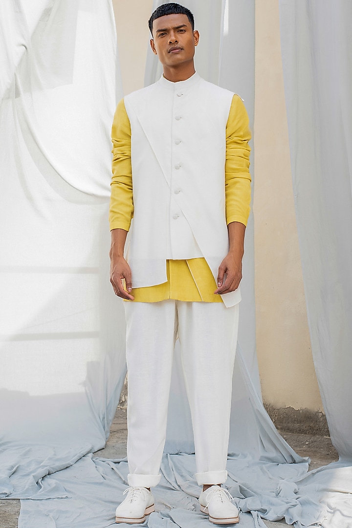 White Handwoven Cotton Asymmetrical Waistcoat by Antar Agni Men at Pernia's Pop Up Shop