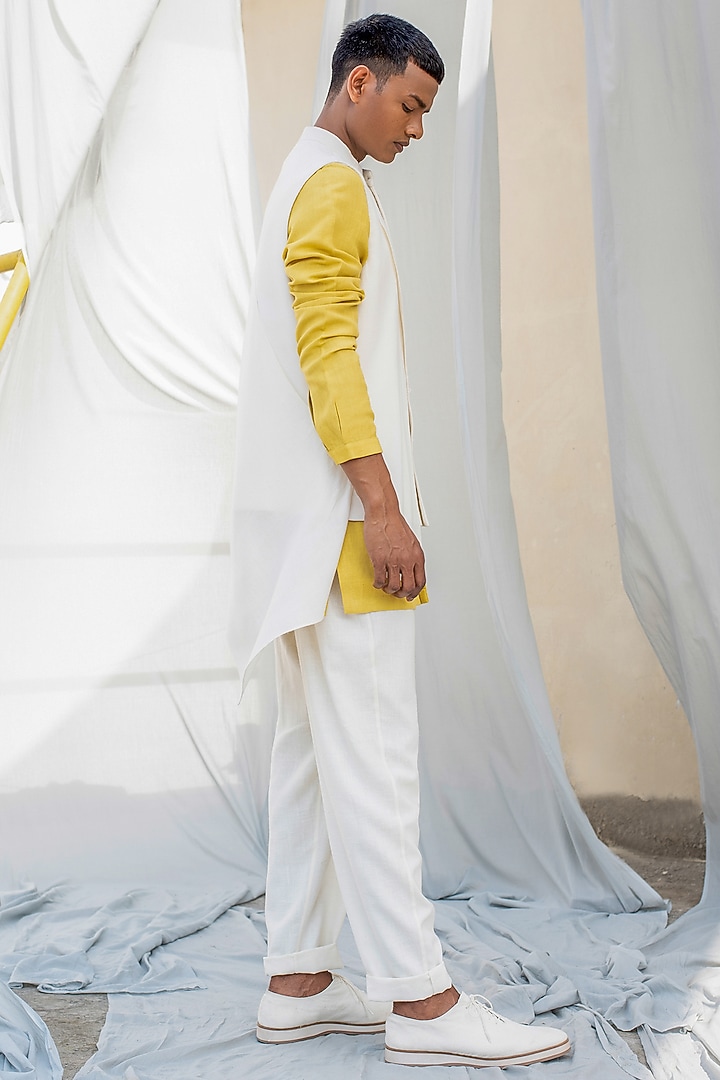 White Handwoven Cotton Asymmetrical Waistcoat by Antar Agni Men at Pernia's Pop Up Shop