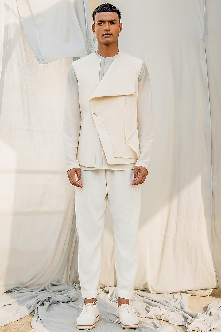 Ivory Handwoven Cotton Overlap Waistcoat by Antar Agni Men at Pernia's Pop Up Shop
