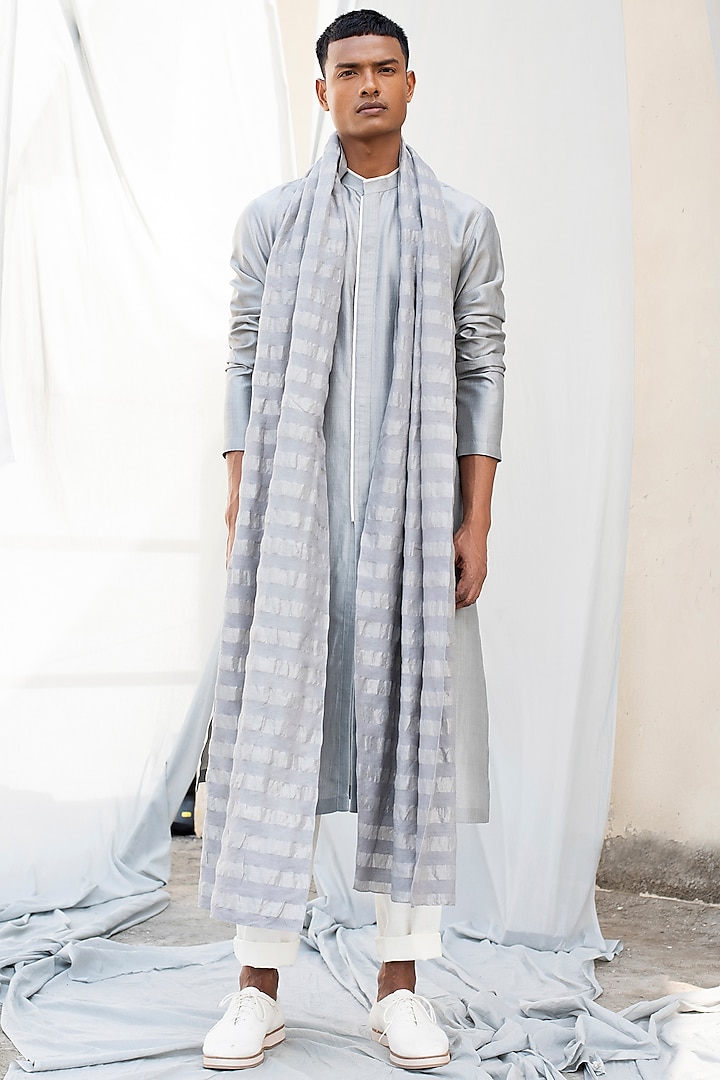 Pigeon Grey Striped Woven Stole by Antar Agni Men