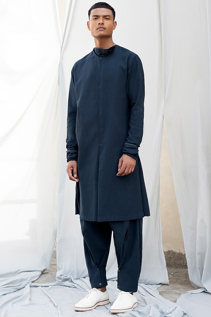 Navy Blue Cotton Kurta by Antar Agni Men