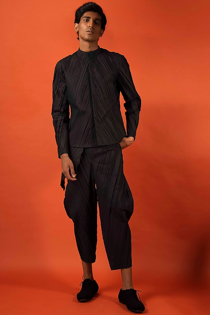 Black Pleated Cotton Trousers by Antar Agni Men