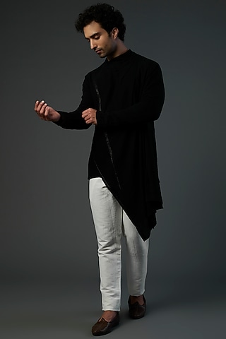 Black Handwoven Cotton Diagonal Kurta by Antar Agni Men