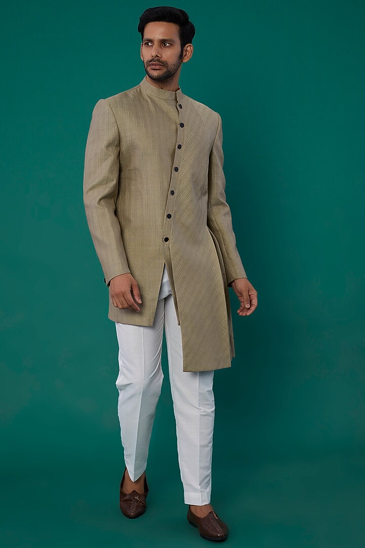 Stone Grey Handwoven Cotton Silk Indo-Western by Antar Agni Men at Pernia's Pop Up Shop