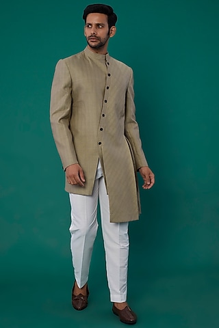 Stone Grey Handwoven Cotton Silk Indo-Western  by Antar Agni Men