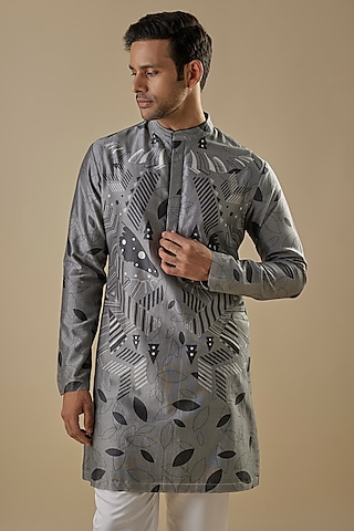 Grey Cotton Silk Printed Kurta by Antar Agni Men