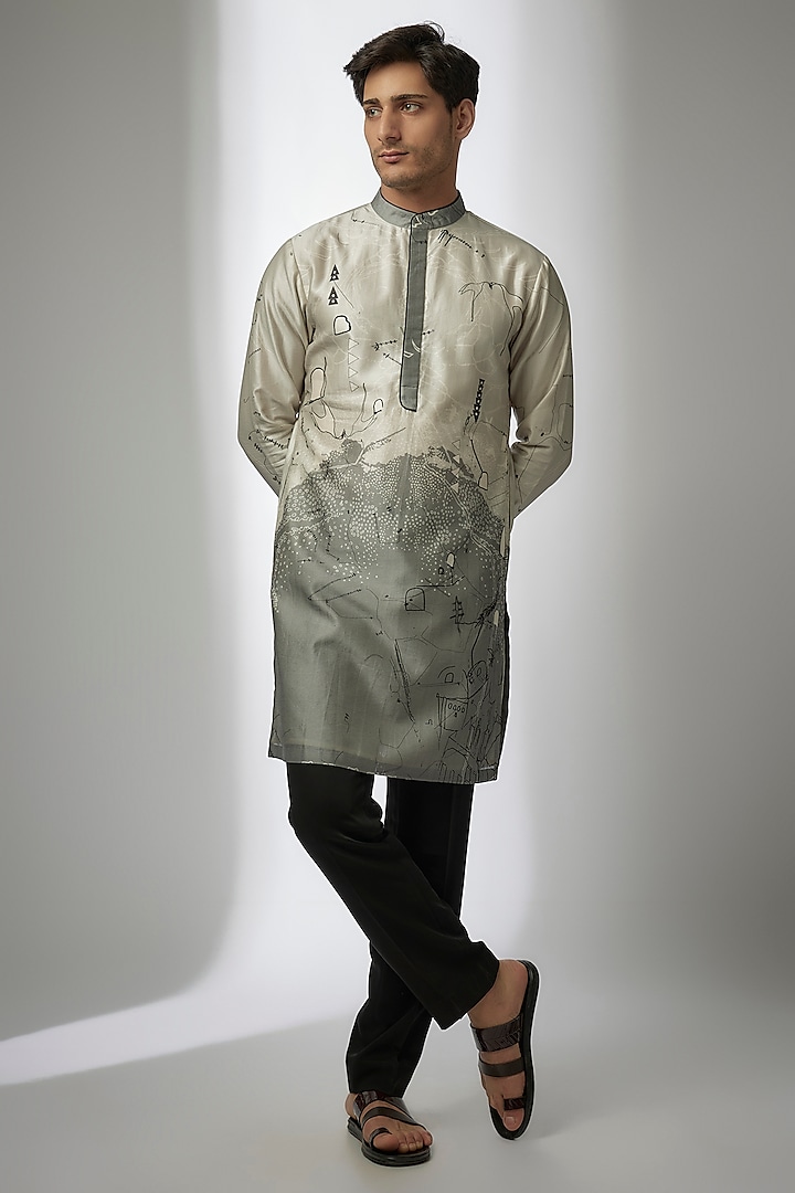 Grey & Ivory Cotton Silk Printed Kurta by Antar Agni Men