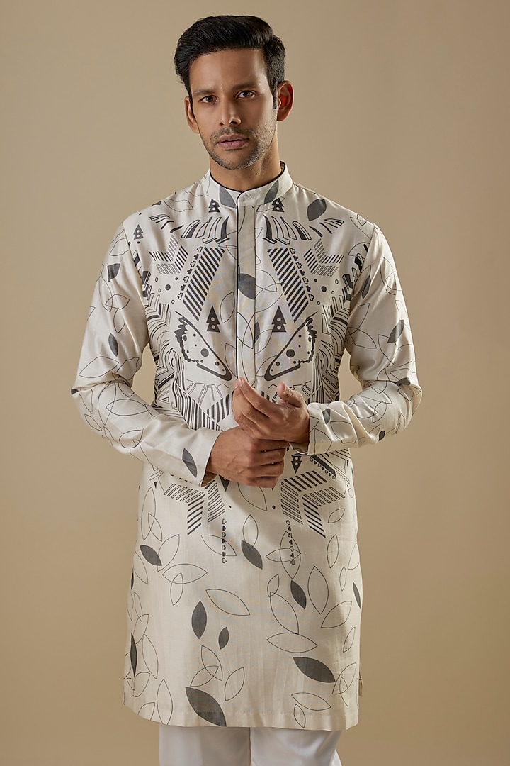 Ivory Cotton Silk Printed Kurta by Antar Agni Men