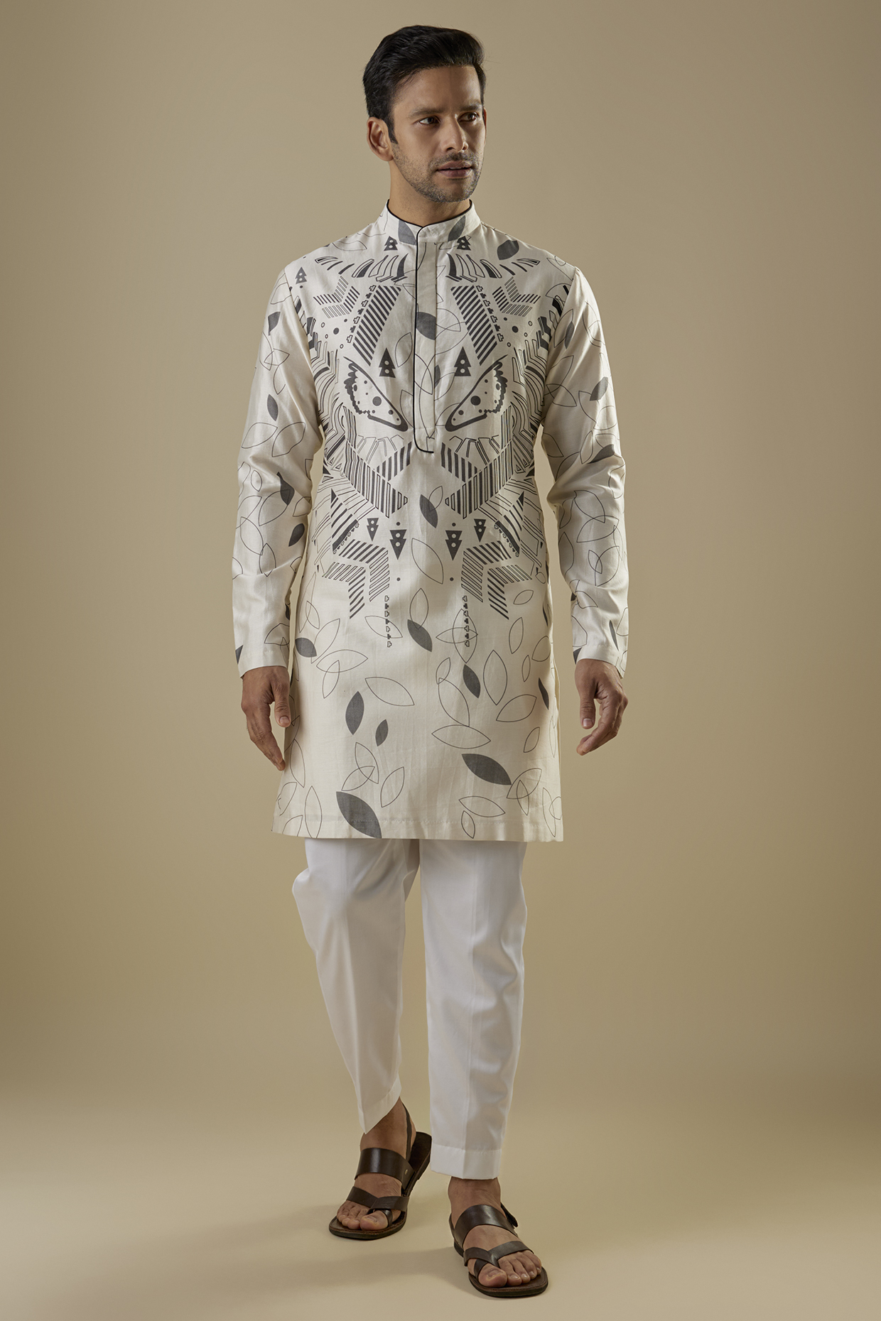 Ivory Cotton Silk Printed Kurta by Antar Agni Men