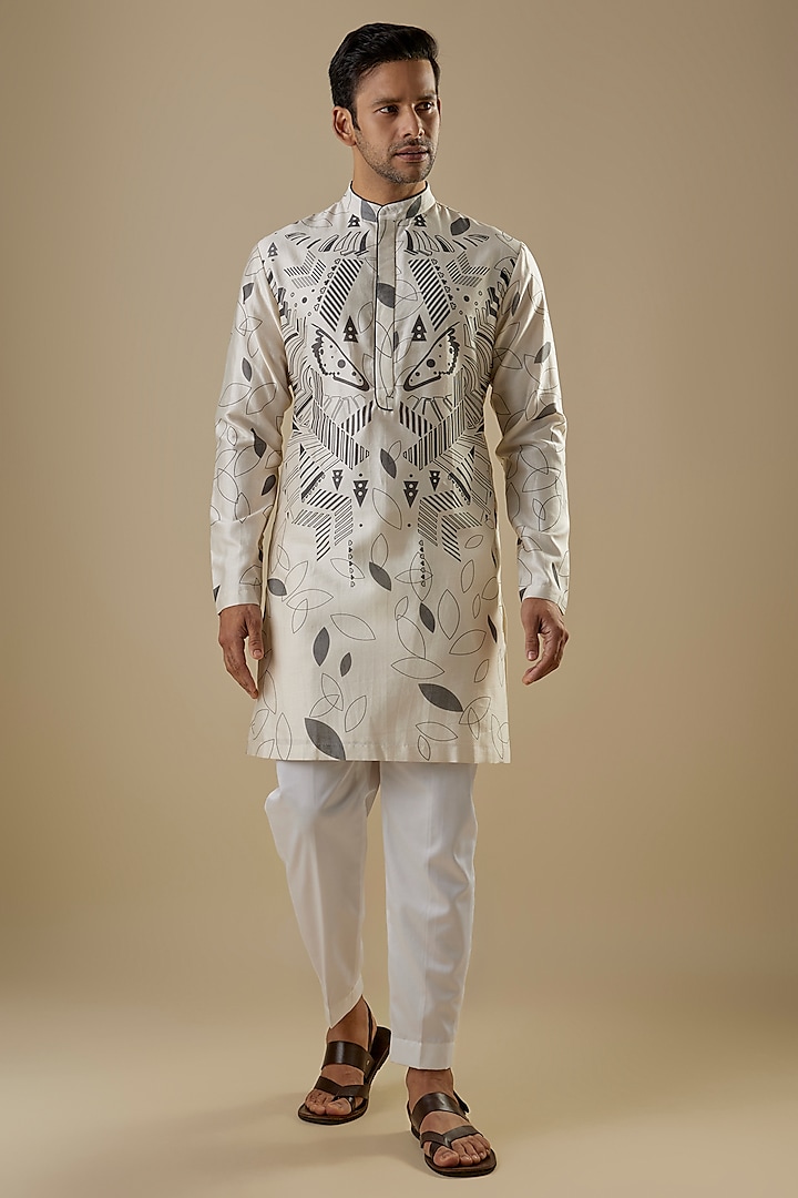 Ivory Cotton Silk Printed Kurta by Antar Agni Men