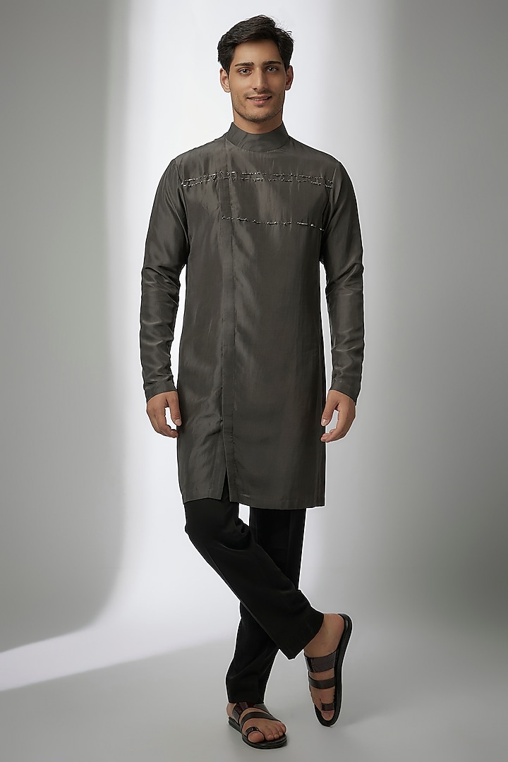 Grey Cotton Silk Kurta by Antar Agni Men