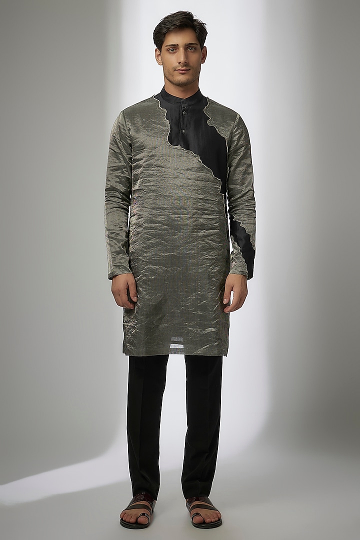 Black Cotton Silk Kurta by Antar Agni Men