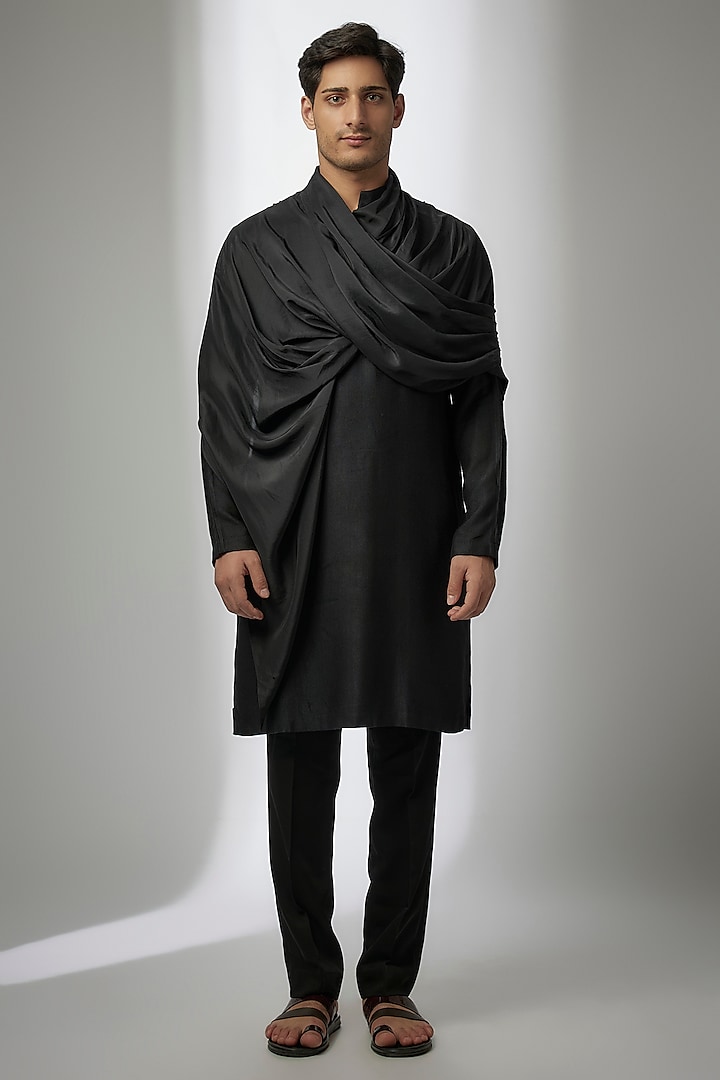 Black Cotton Silk Kurta by Antar Agni Men