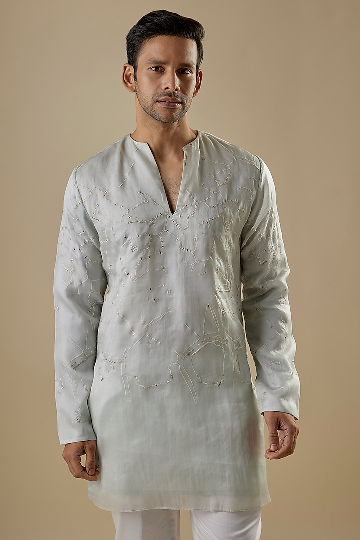 Ice Blue Organza Satin Embroidered Kurta by Antar Agni Men