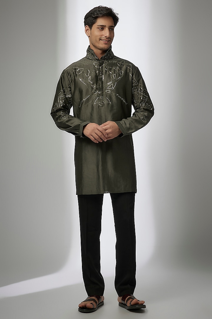 Green Cotton Silk Printed Kurta by Antar Agni Men