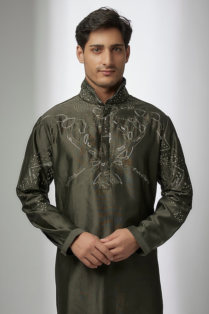 Green Cotton Silk Printed Kurta by Antar Agni Men at Pernia's Pop Up Shop