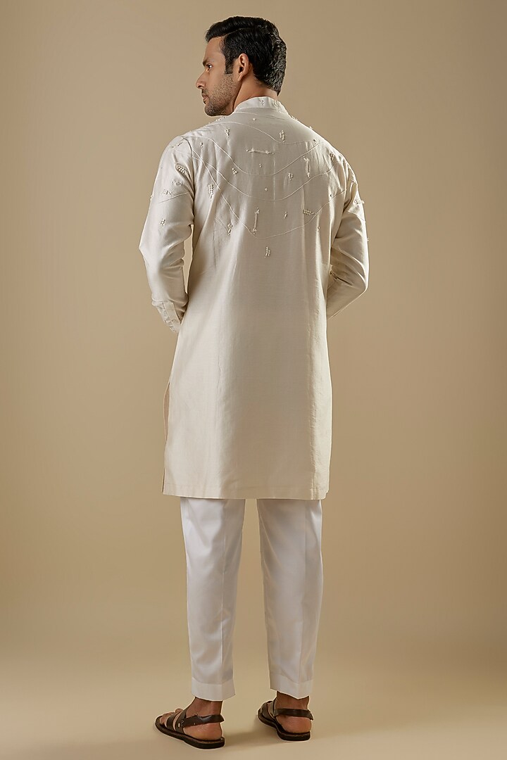 Ivory Cotton Silk Embroidered Kurta by Antar Agni Men at Pernia's Pop Up Shop