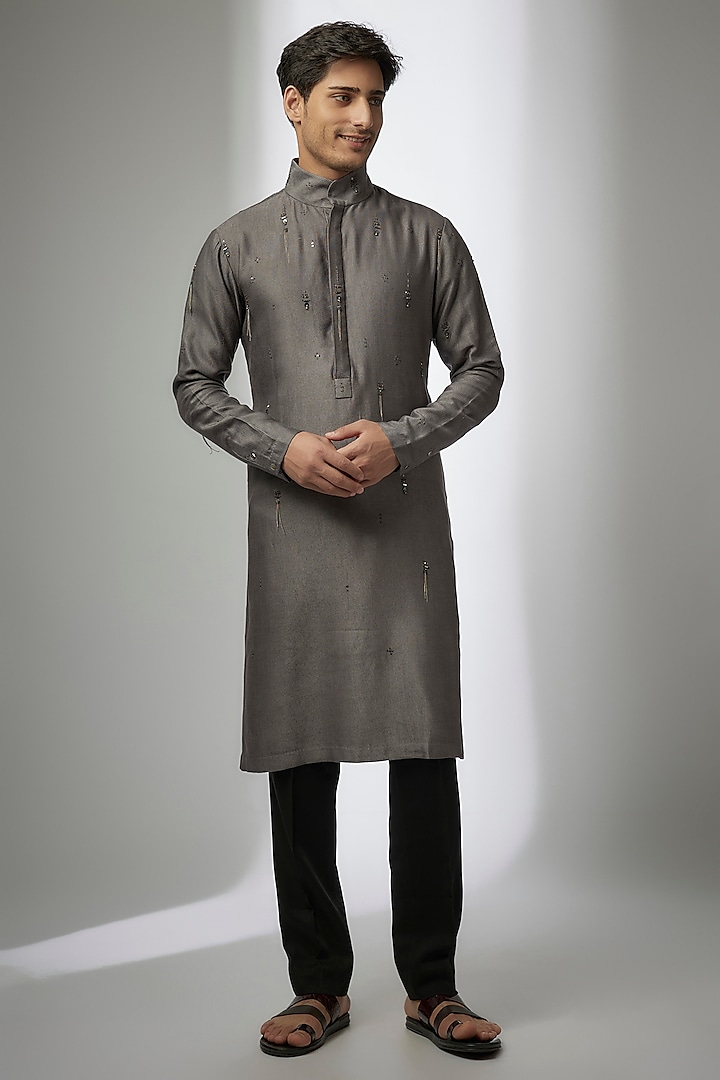 Grey Cotton Silk Kurta by Antar Agni Men