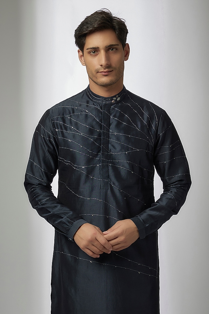 Navy Blue Cotton Silk Kurta by Antar Agni Men at Pernia's Pop Up Shop