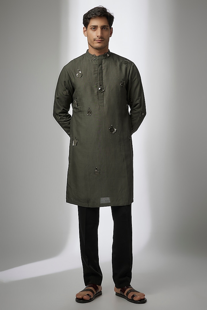 Green Cotton Silk Kurta by Antar Agni Men