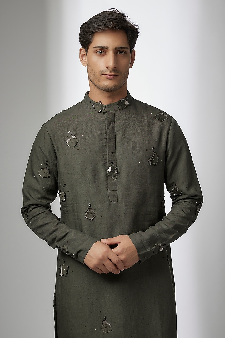 Green Cotton Silk Kurta by Antar Agni Men at Pernia's Pop Up Shop